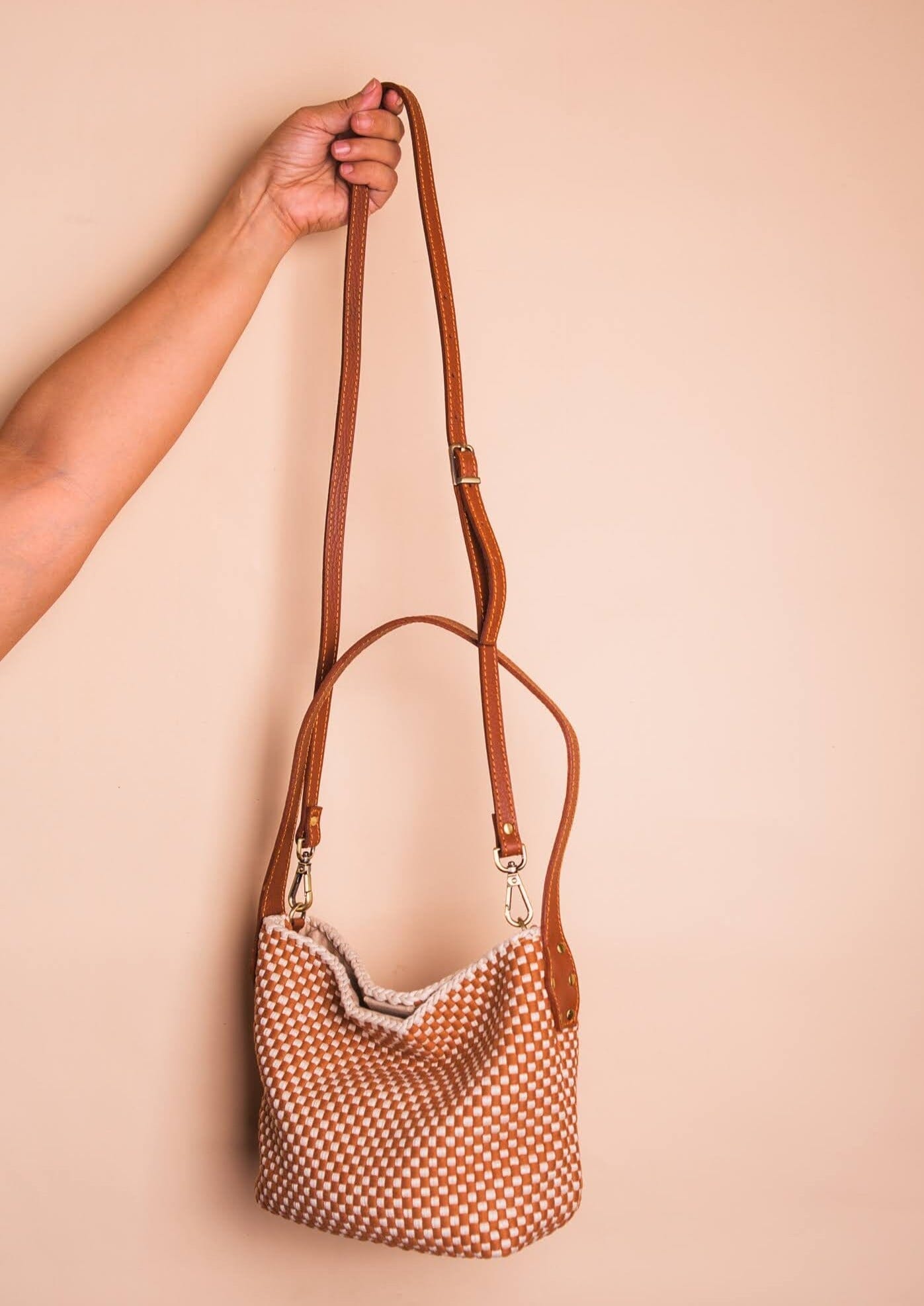 Buslo Micro Checkerboard Tan & Beige with Longer Handles Fashion Rags2Riches