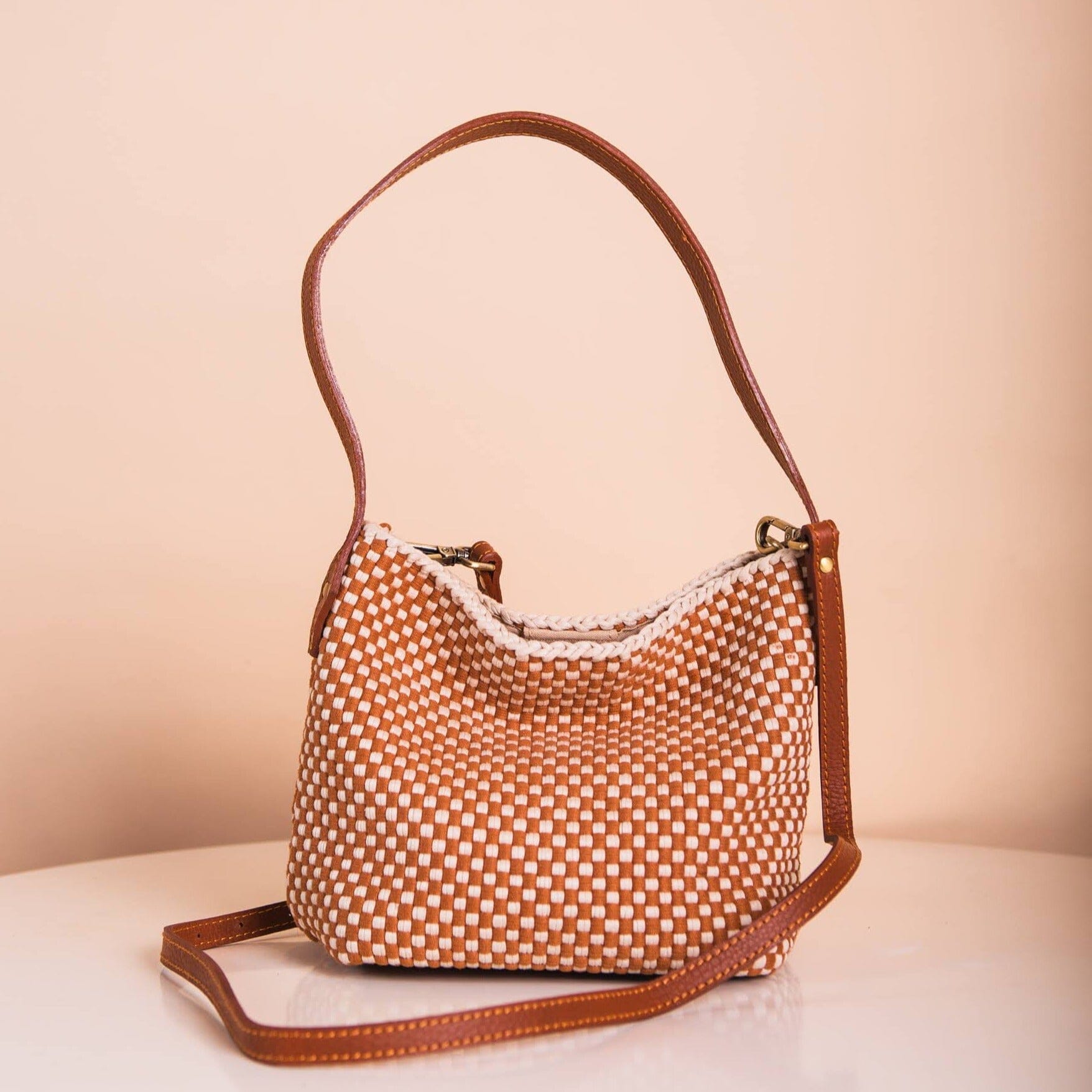 Buslo Micro Checkerboard Tan & Beige with Longer Handles Fashion Rags2Riches