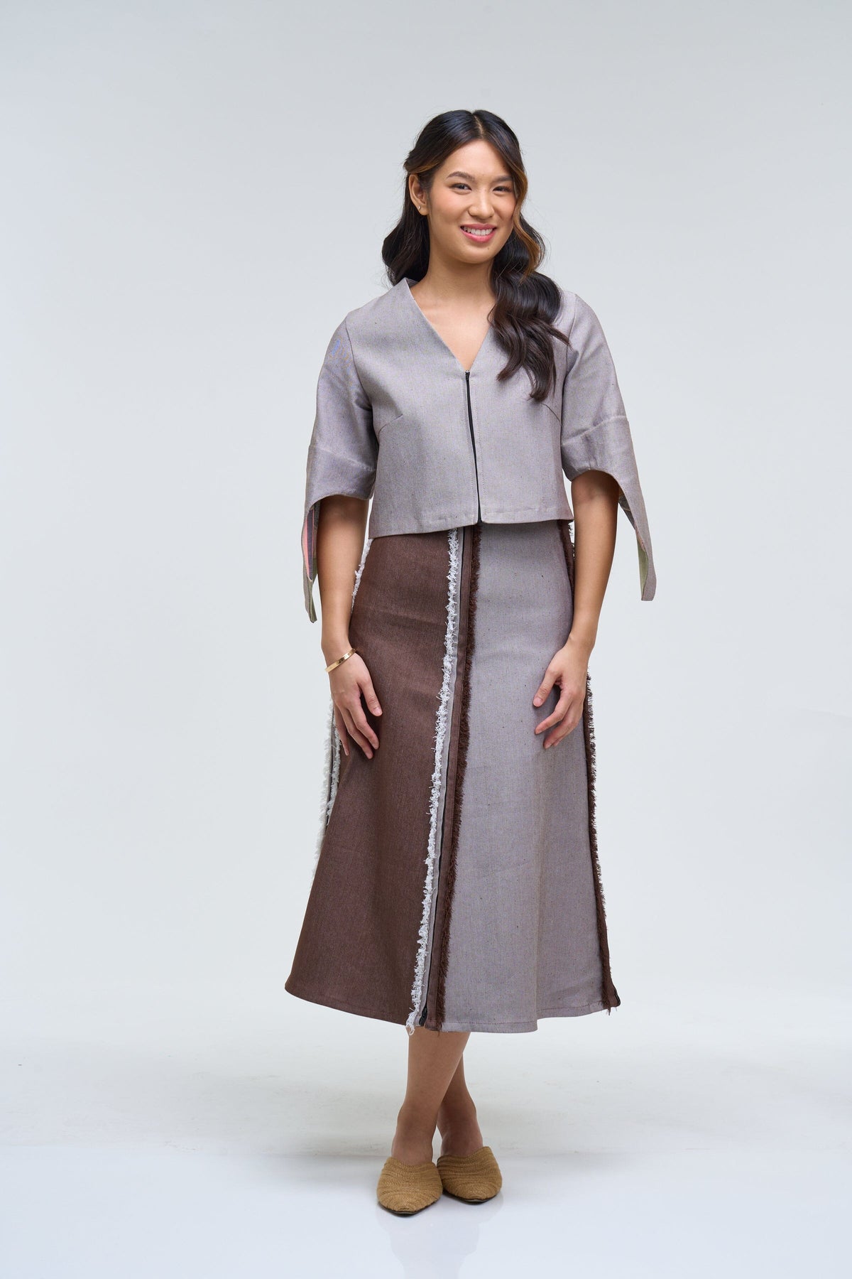 [Ready Today] 4-Way A-Line Skirt Two-Tone Denim Brown Fashion R2R On Repeat