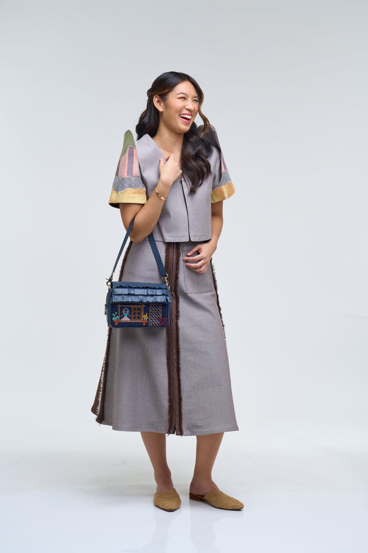 [Ready Today] 4-Way A-Line Skirt Two-Tone Denim Brown Fashion R2R On Repeat
