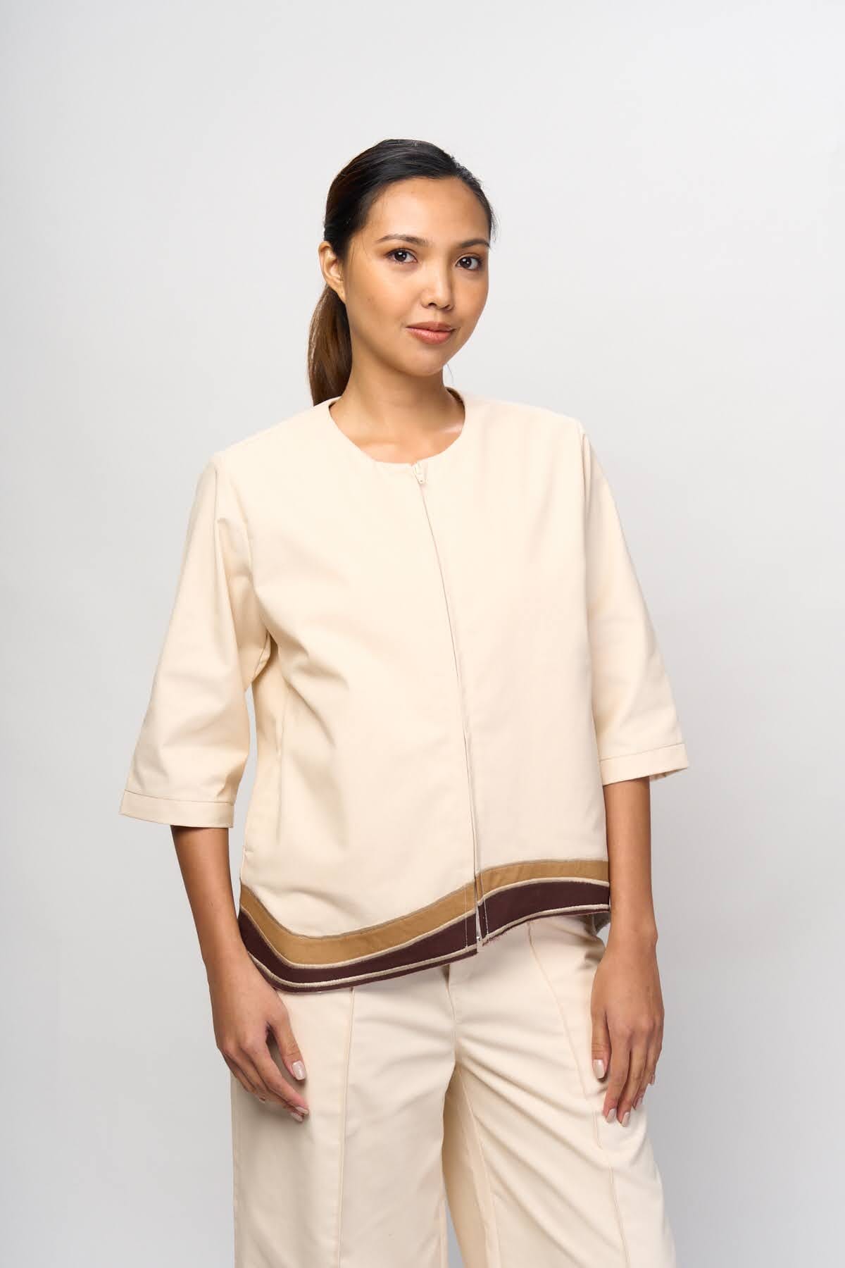 [Ready Today] Daloy Zip-Up Jacket Off-White & Tan Fashion R2R On Repeat