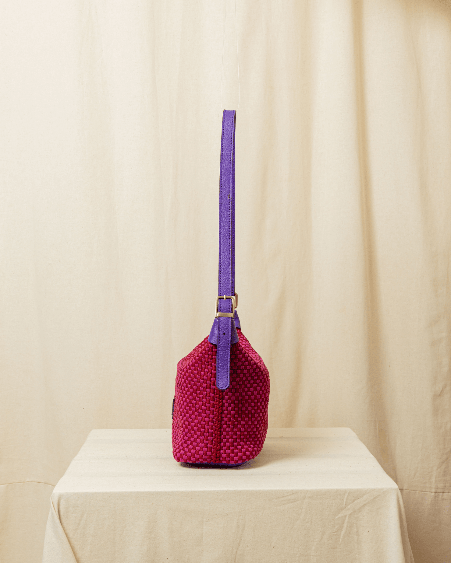 [Ready Today] Scoop Bag Checkerboard Red & Fuchsia with Purple Leather Fashion Rags2Riches