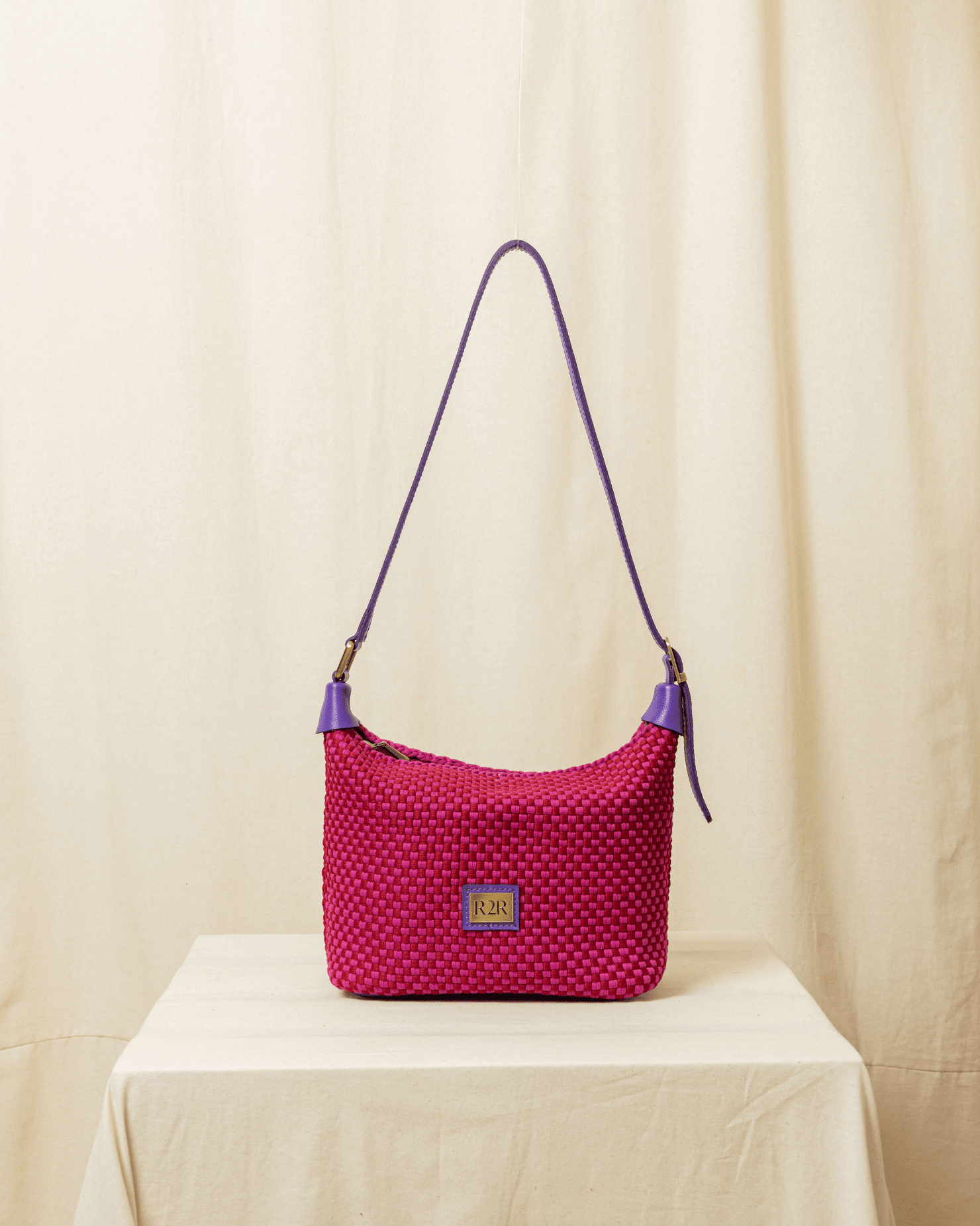 [Ready Today] Scoop Bag Checkerboard Red & Fuchsia with Purple Leather Fashion Rags2Riches