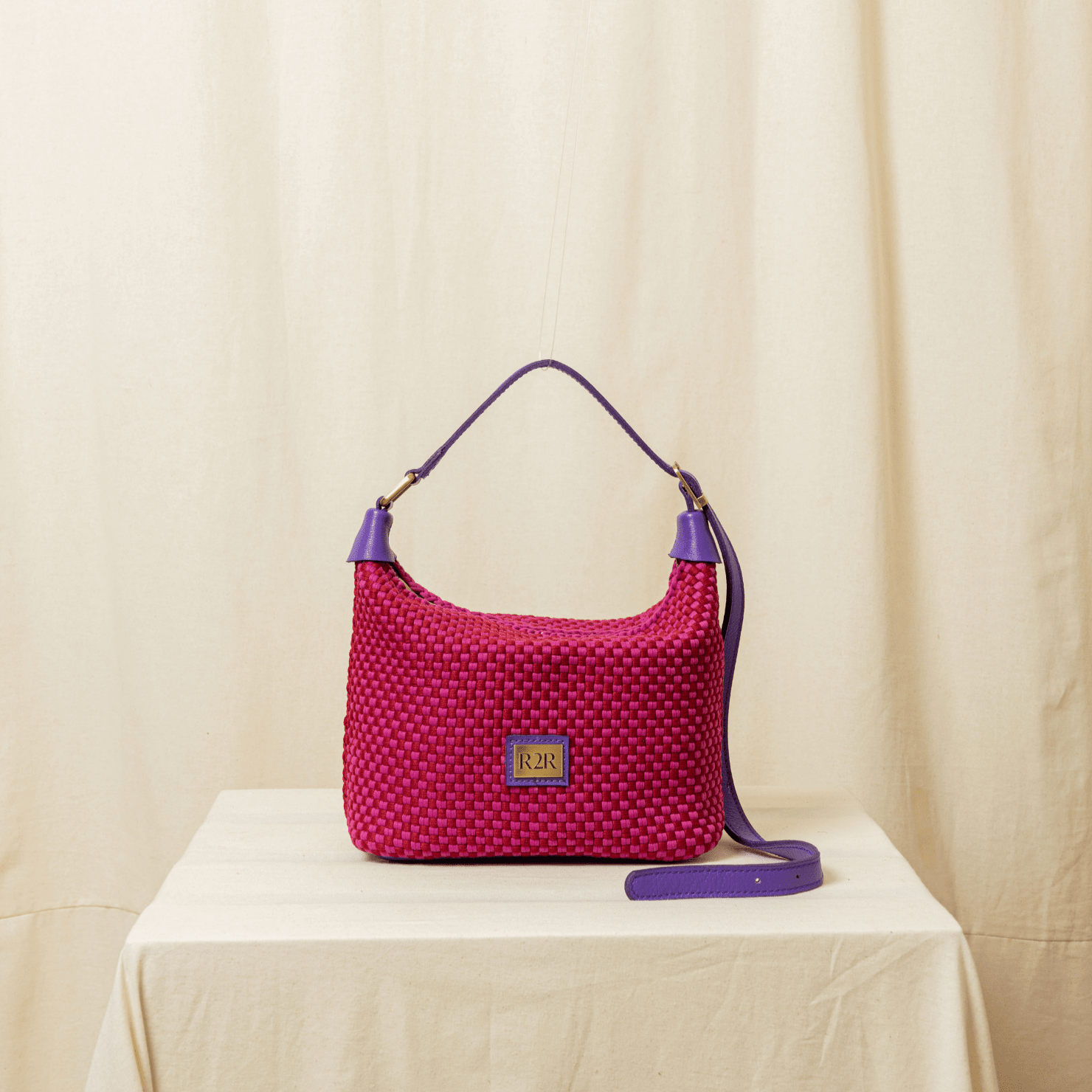 [Ready Today] Scoop Bag Checkerboard Red & Fuchsia with Purple Leather Fashion Rags2Riches